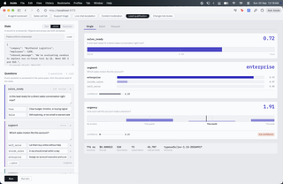 lead qualification on a JSON record: sales_ready 0.72, segment enterprise 0.93, urgency this month with 0.07 confidence flagged low