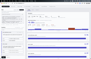 jev bench running an AI agent scorecard over a call transcript, showing call metrics and three slot questions answered at 0.96 and 0.97
